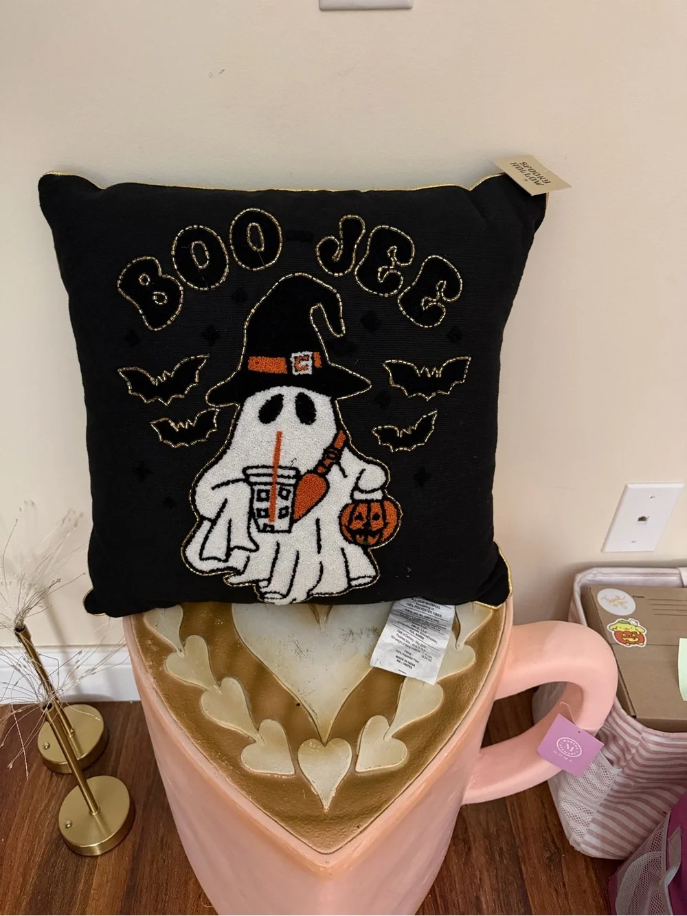 Spooky Hollow Halloween Boo Jee Ghost with Coffee & Bats Pillow